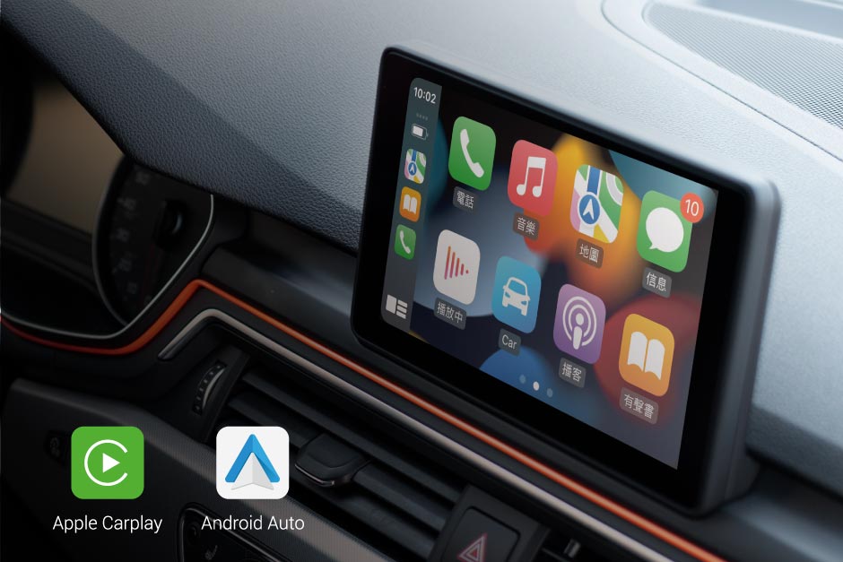 車機螢幕顯示 Apple CarPlay 主畫面，包含電話、音樂、地圖、訊息等圖示